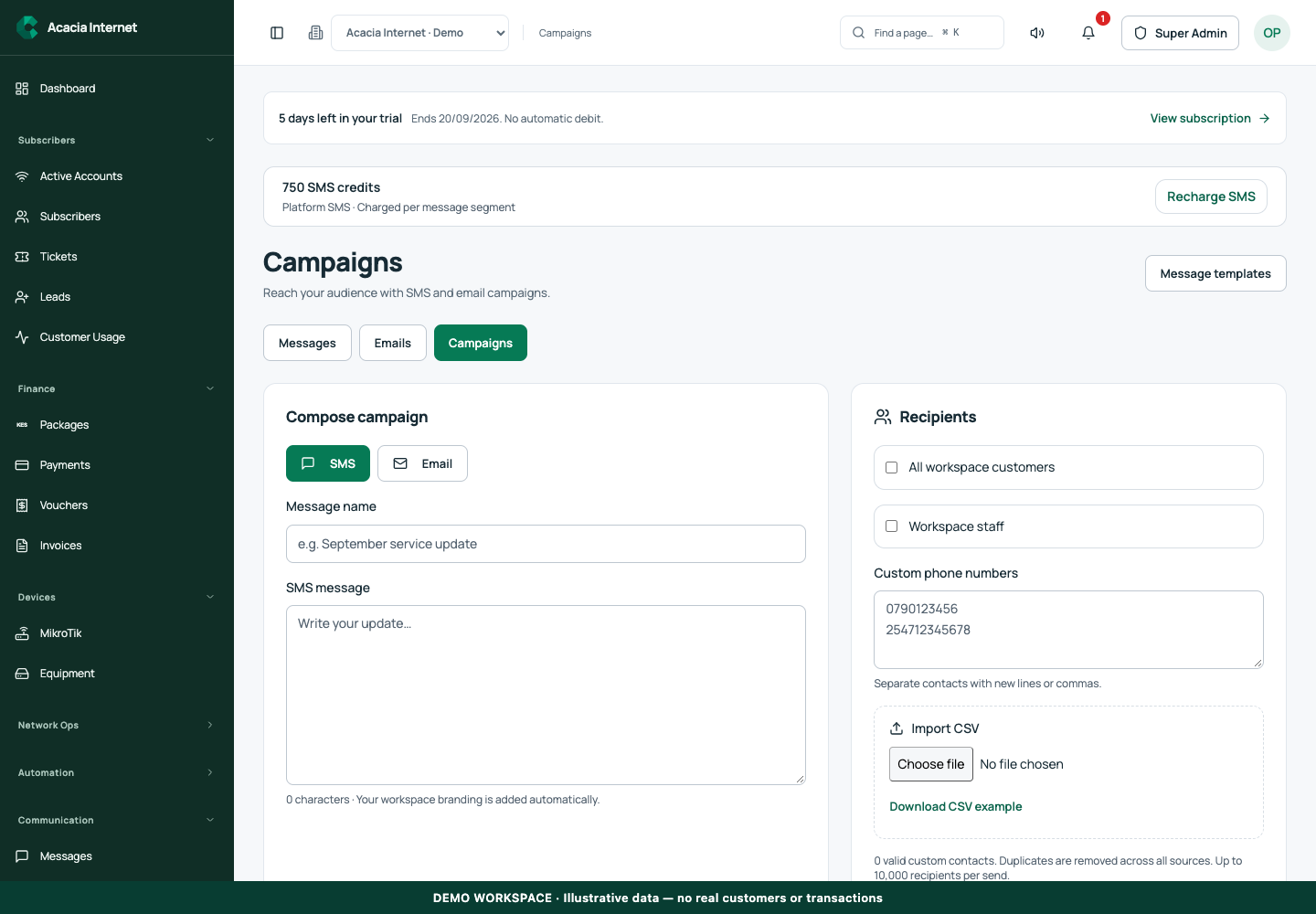 Demonstration of Send email and SMS campaigns with reviewed contact lists