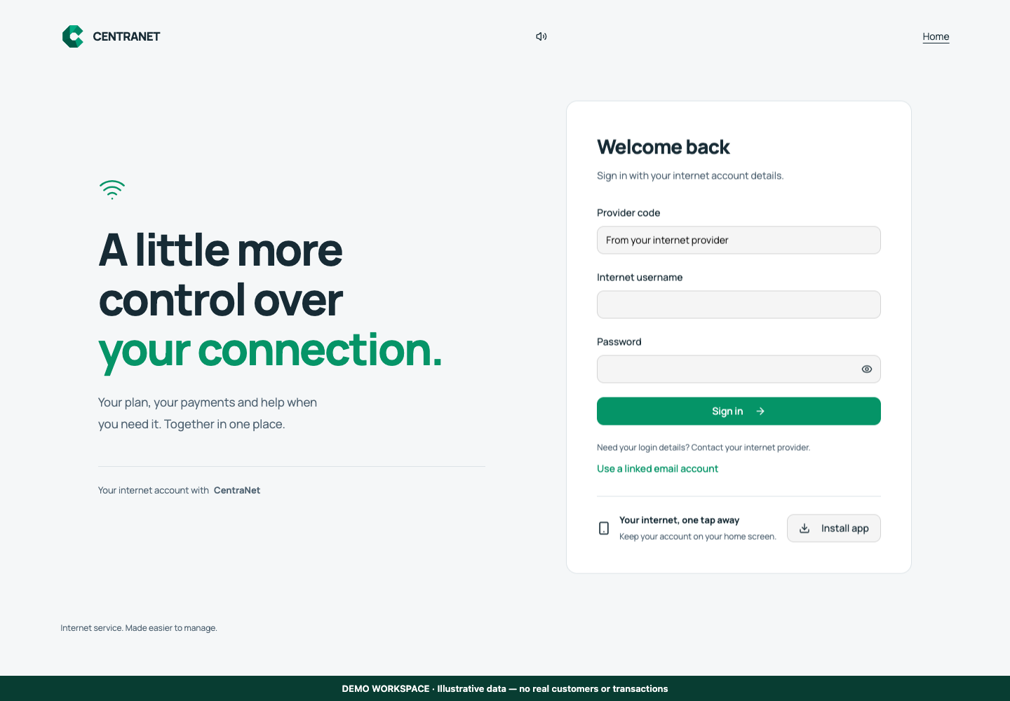 Demonstration of Use the customer portal and install the internet account app