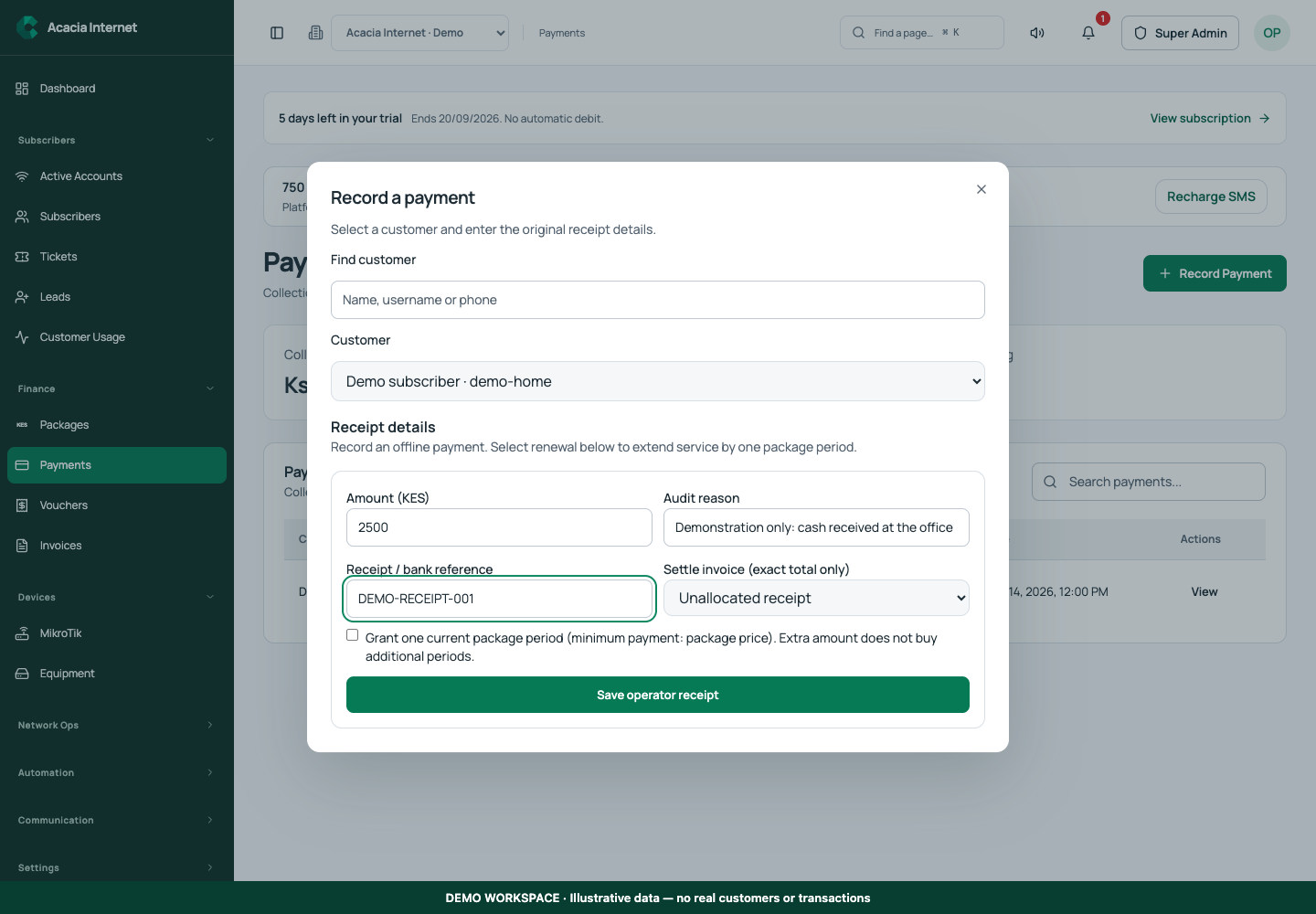 Demonstration of Record manual payments with a traceable customer receipt