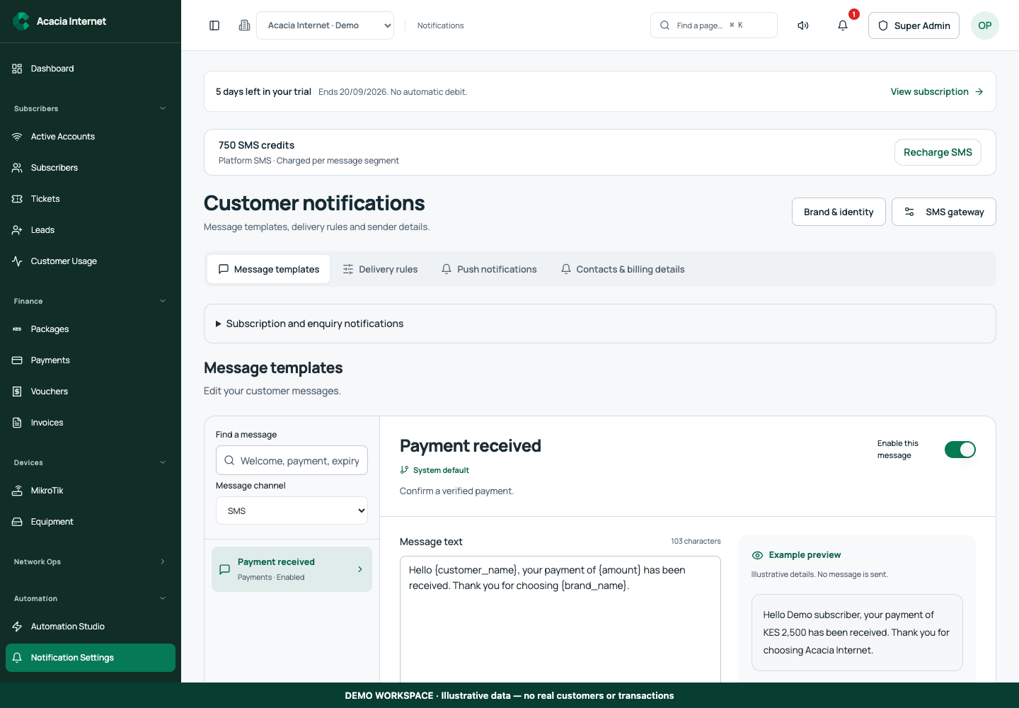 Demonstration of Configure customer notifications, templates and reminders