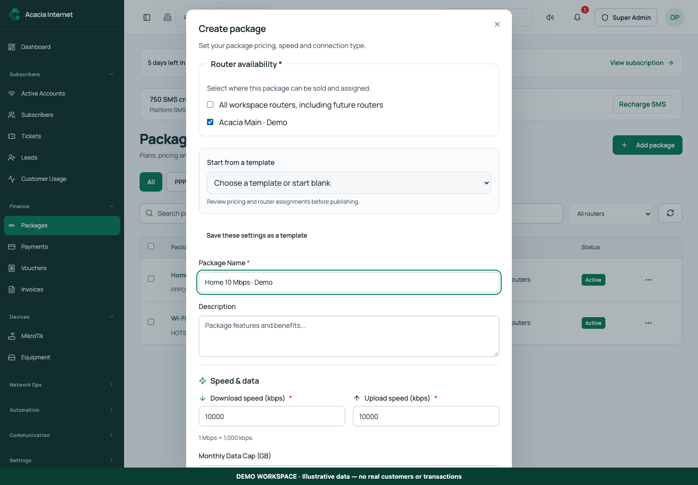 Package creation form and router availability — demo