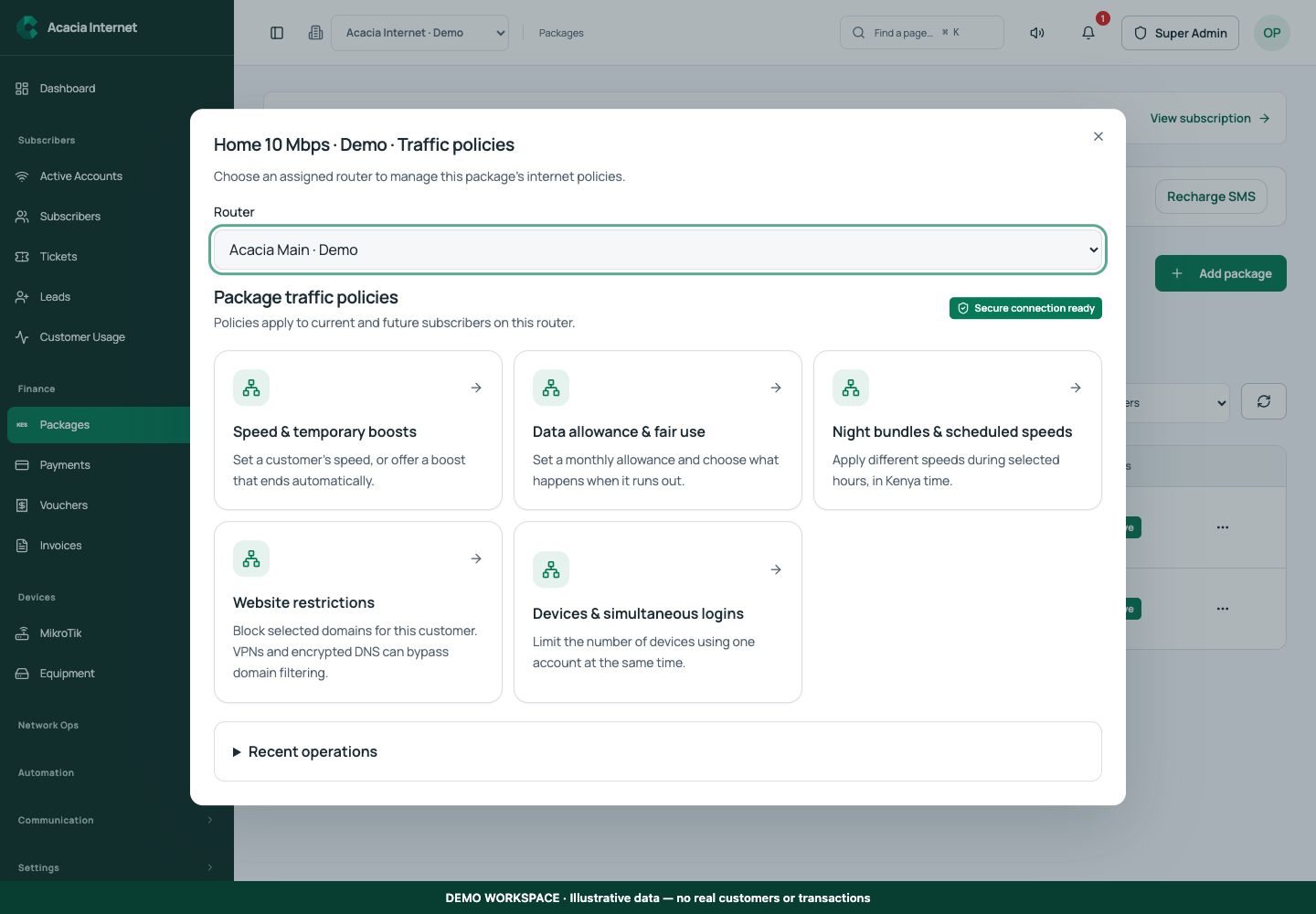 Demonstration of Control bandwidth, data allowances and customer traffic policies